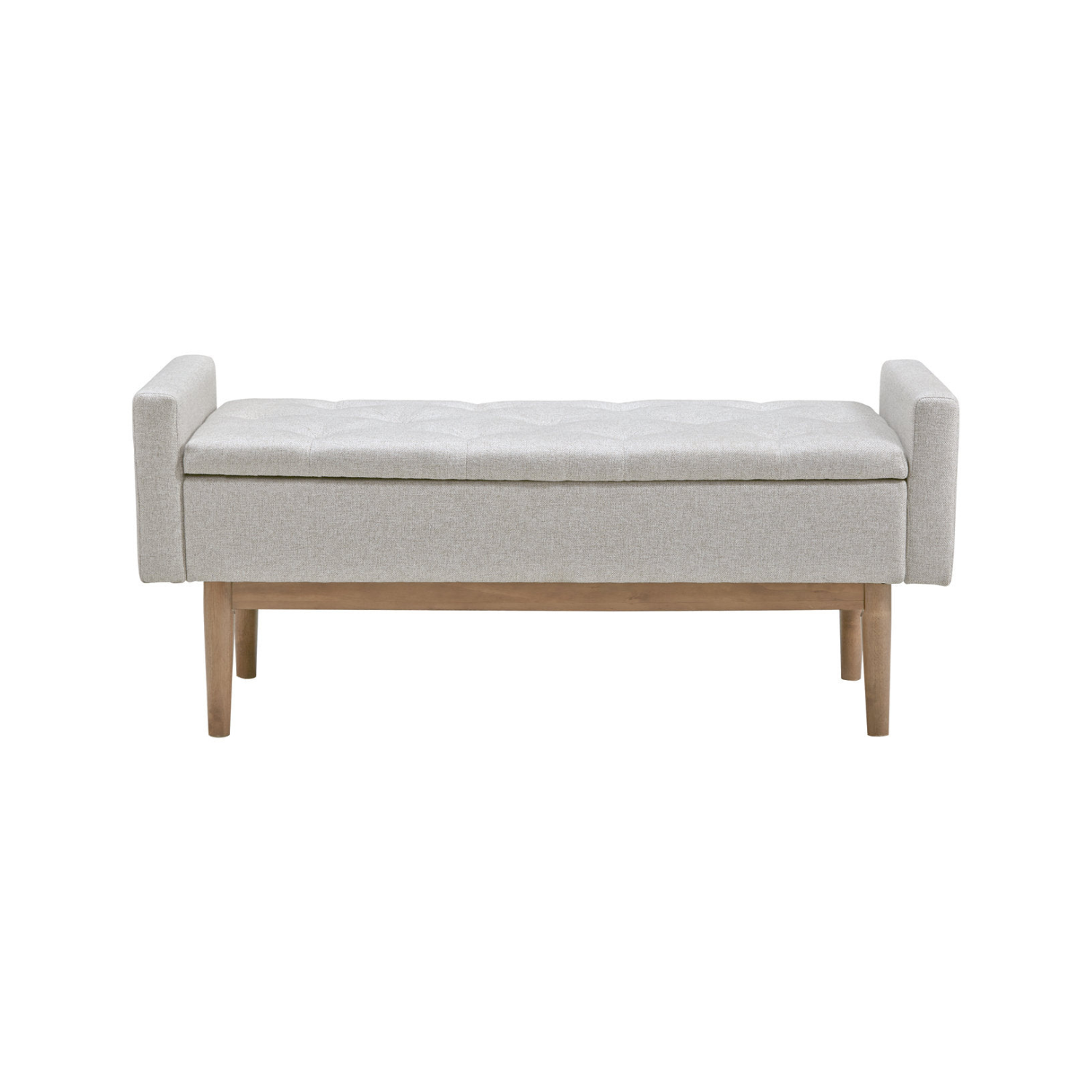 Front view of the Briarson storage bench featuring light gray button-tufted upholstery and natural wood tapered legs