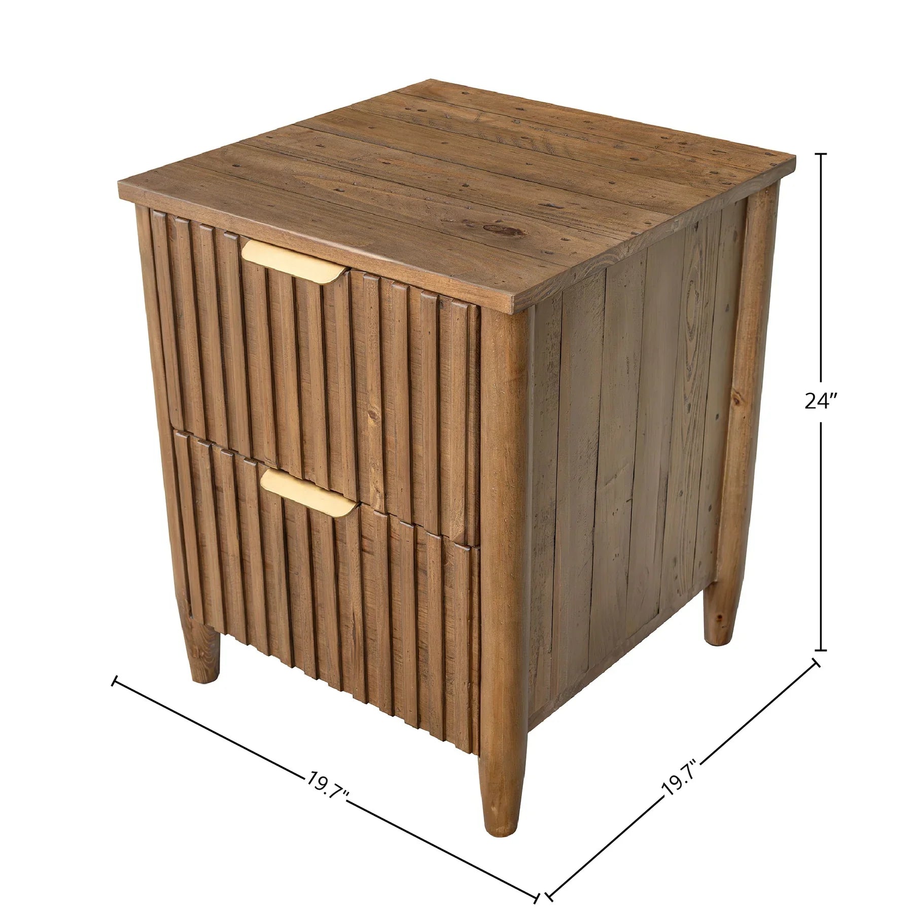 Front view of the Britanica 2-drawer nightstand featuring a driftwood finish and unique vertical wood slat drawer fronts