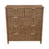 Front view of the Britanica 5-drawer chest featuring a warm rustic brown finish with vertical fluted wood textures and sleek gold metal handles