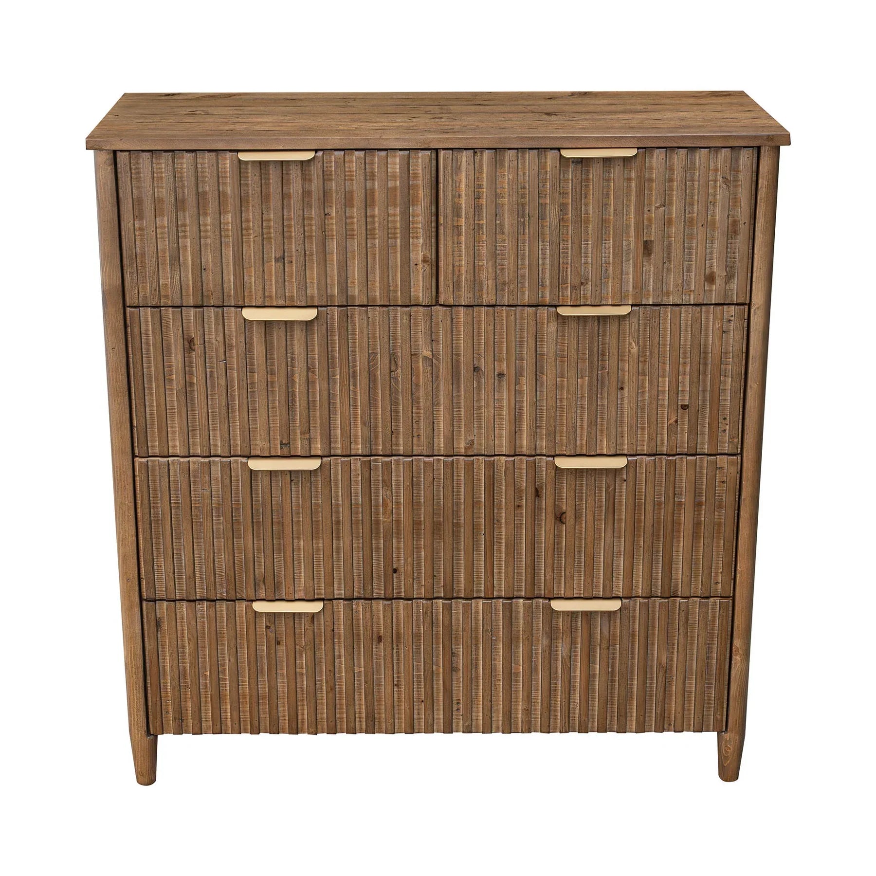 Front view of the Britanica 5-drawer chest featuring a warm rustic brown finish with vertical fluted wood textures and sleek gold metal handles