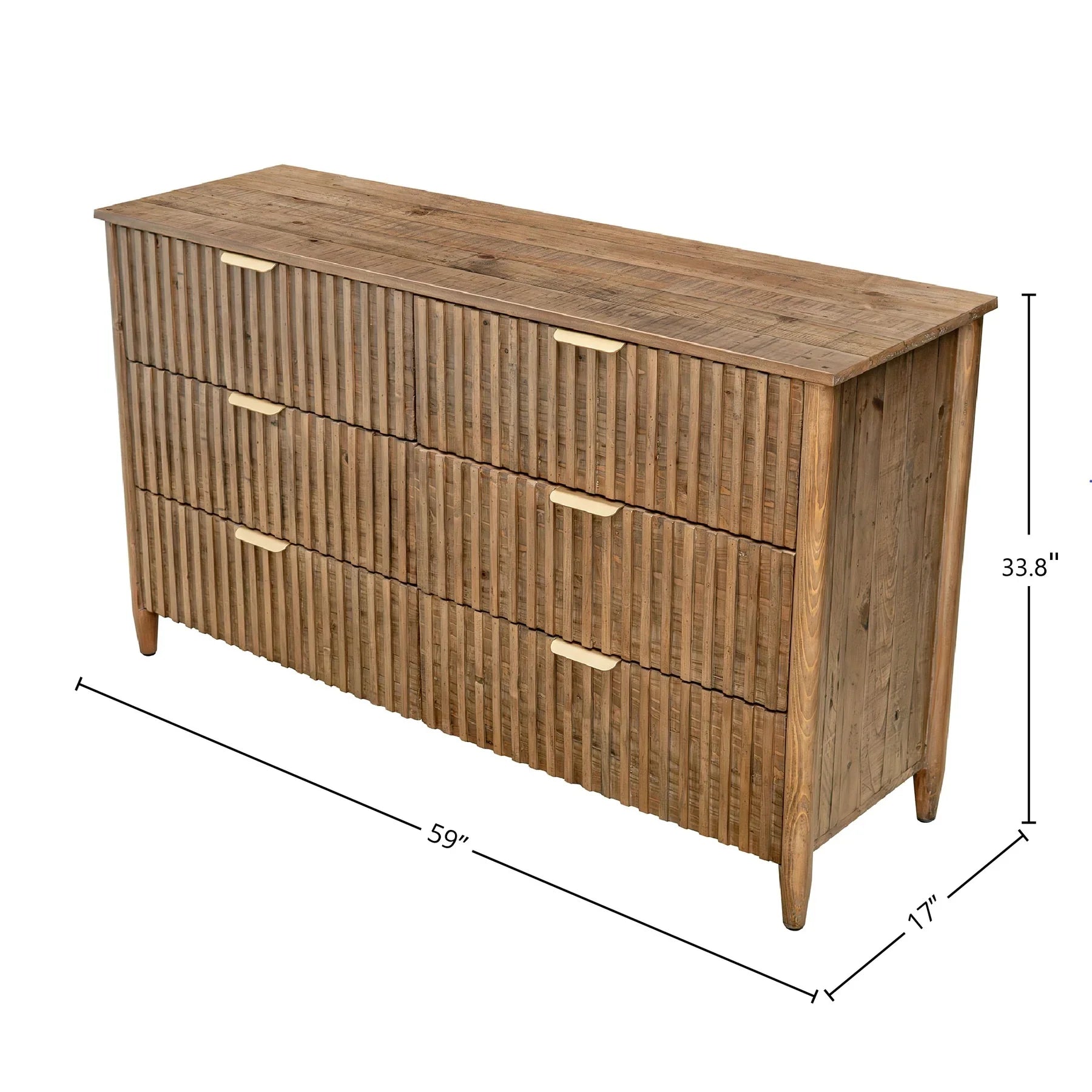 Front view of the Britanica double dresser featuring a warm reclaimed wood finish, vertical fluted drawer fronts, and sleek horizontal gold handles