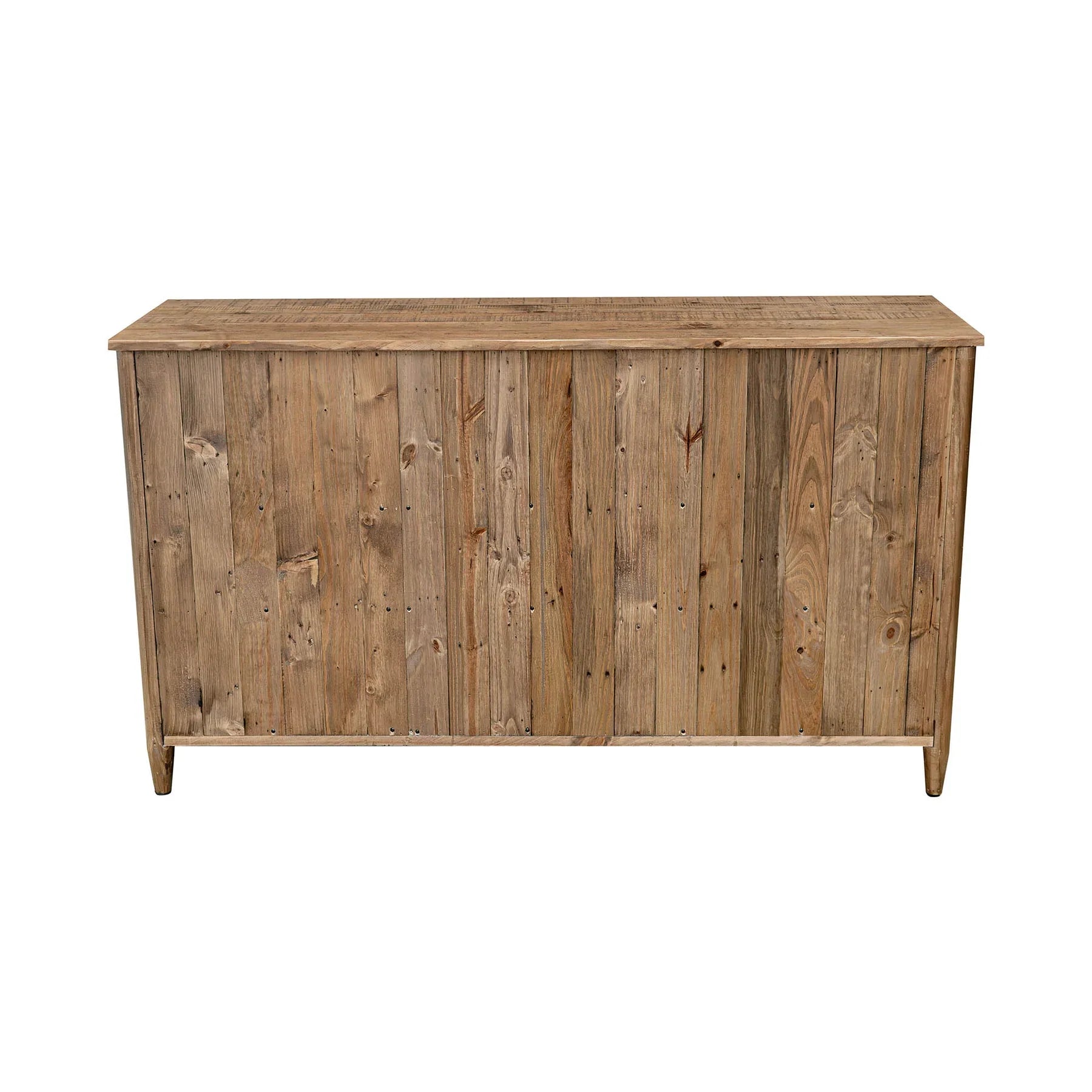 Front view of the Britanica double dresser featuring a warm reclaimed wood finish, vertical fluted drawer fronts, and sleek horizontal gold handles