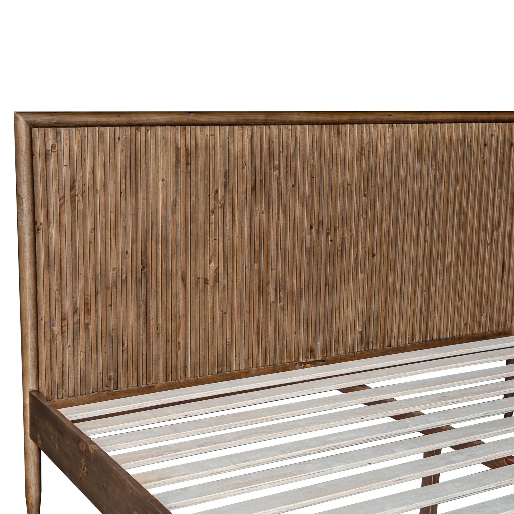 Front view of the Ava king platform bed featuring a tall upholstered headboard in a textured white bouclé fabric