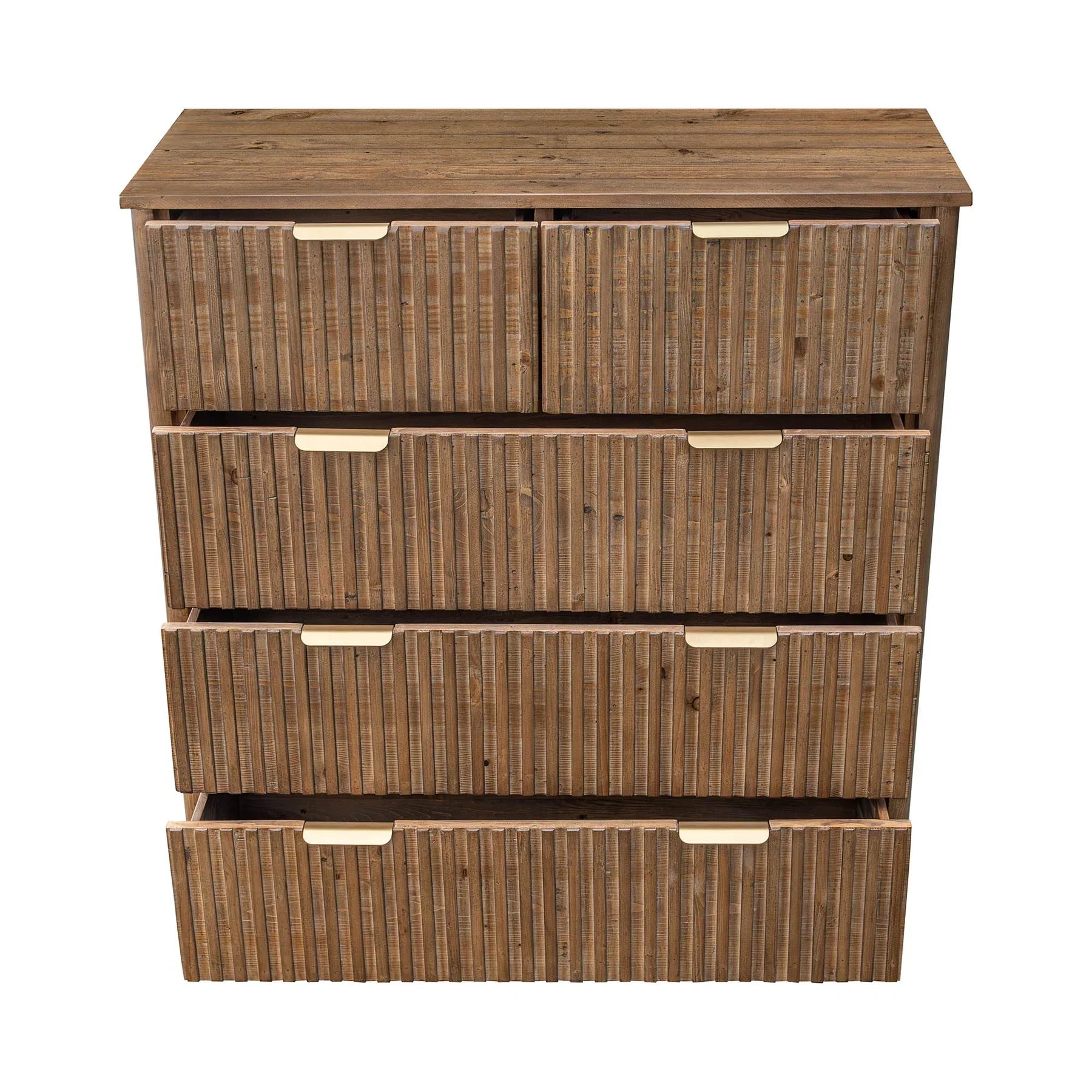 Front view of the Britanica 5-drawer chest featuring a warm rustic brown finish with vertical fluted wood textures and sleek gold metal handles