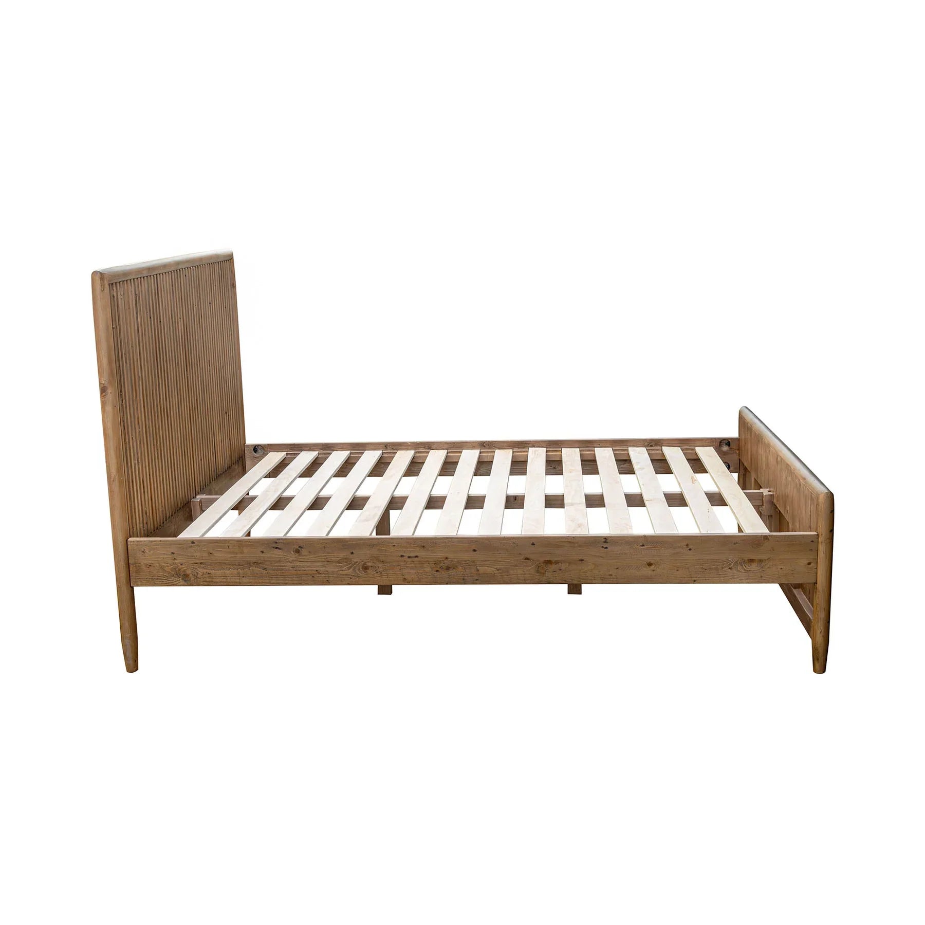 Front view of the Ava king platform bed featuring a tall upholstered headboard in a textured white bouclé fabric