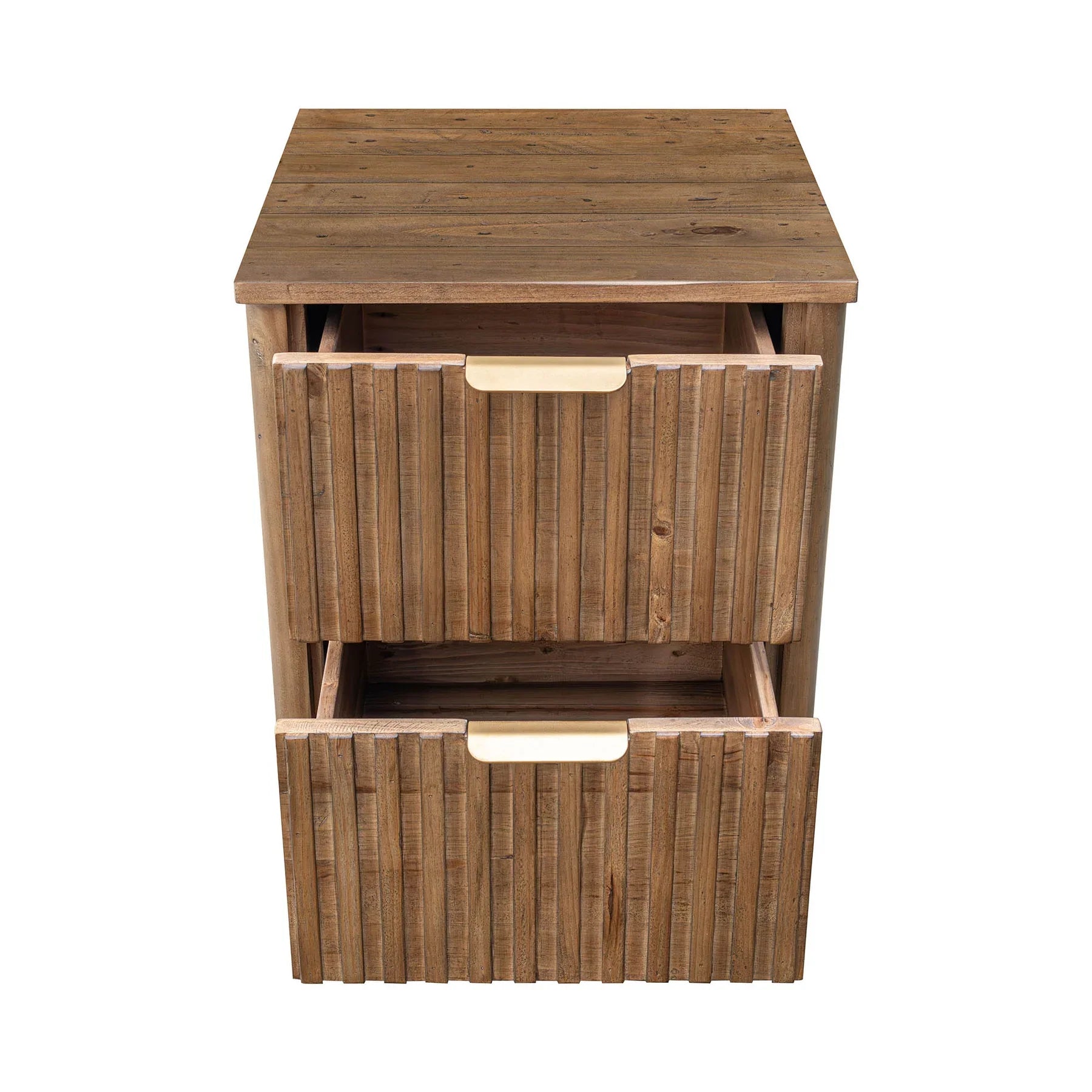 Front view of the Britanica 2-drawer nightstand featuring a driftwood finish and unique vertical wood slat drawer fronts