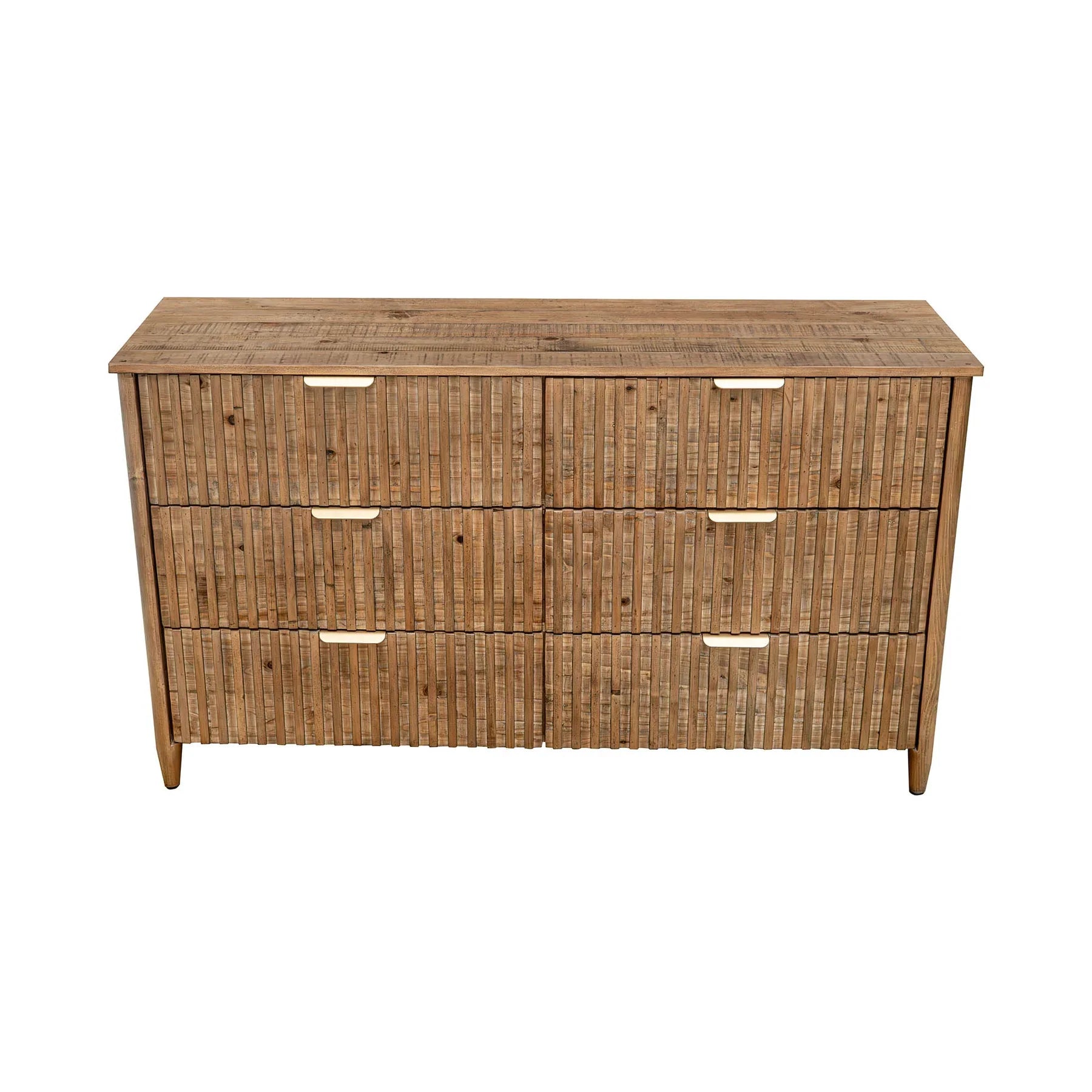 Front view of the Britanica double dresser featuring a warm reclaimed wood finish, vertical fluted drawer fronts, and sleek horizontal gold handles