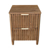 Front view of the Britanica 2-drawer nightstand featuring a driftwood finish and unique vertical wood slat drawer fronts