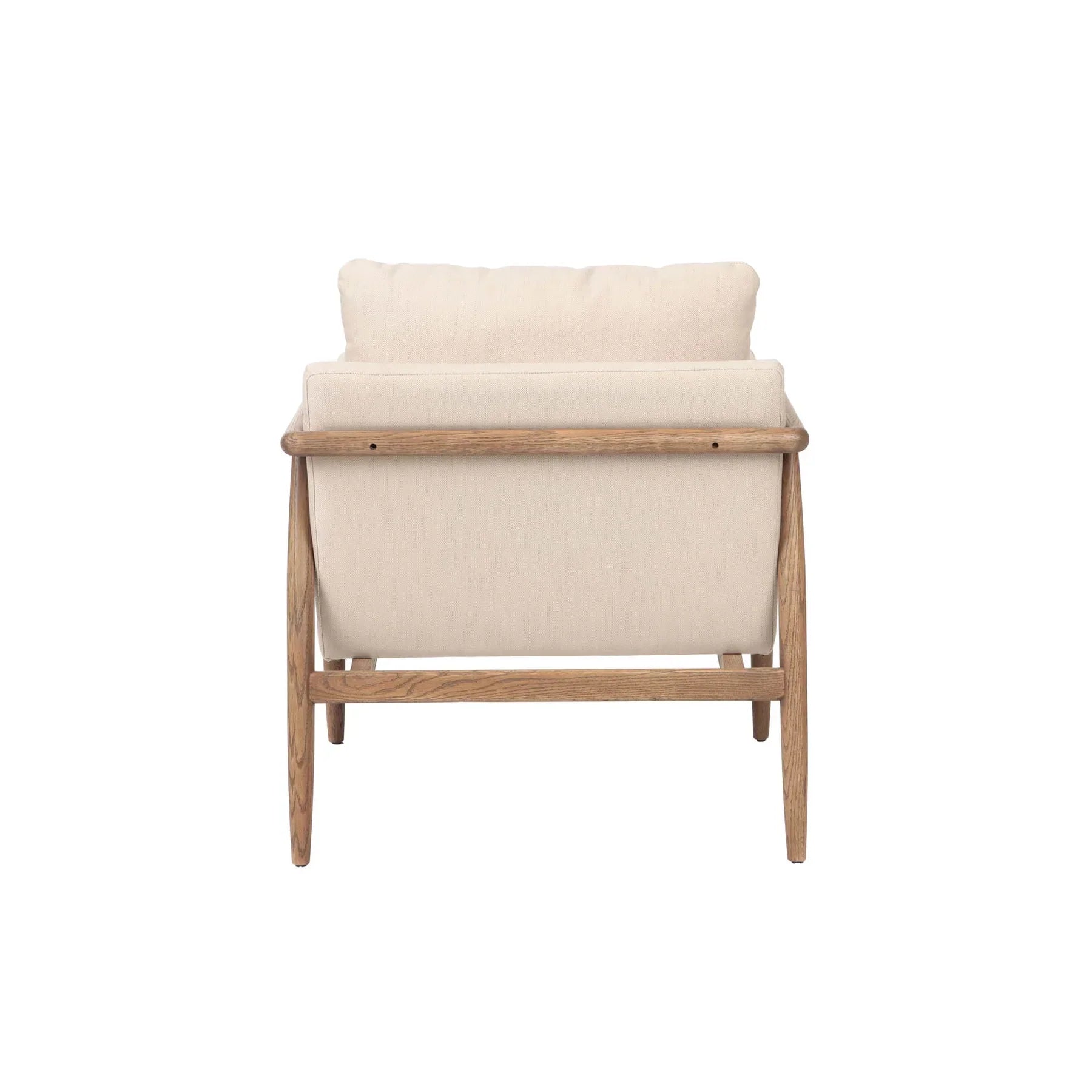 Bronte club chair with light beige fabric upholstery and wood frame front view