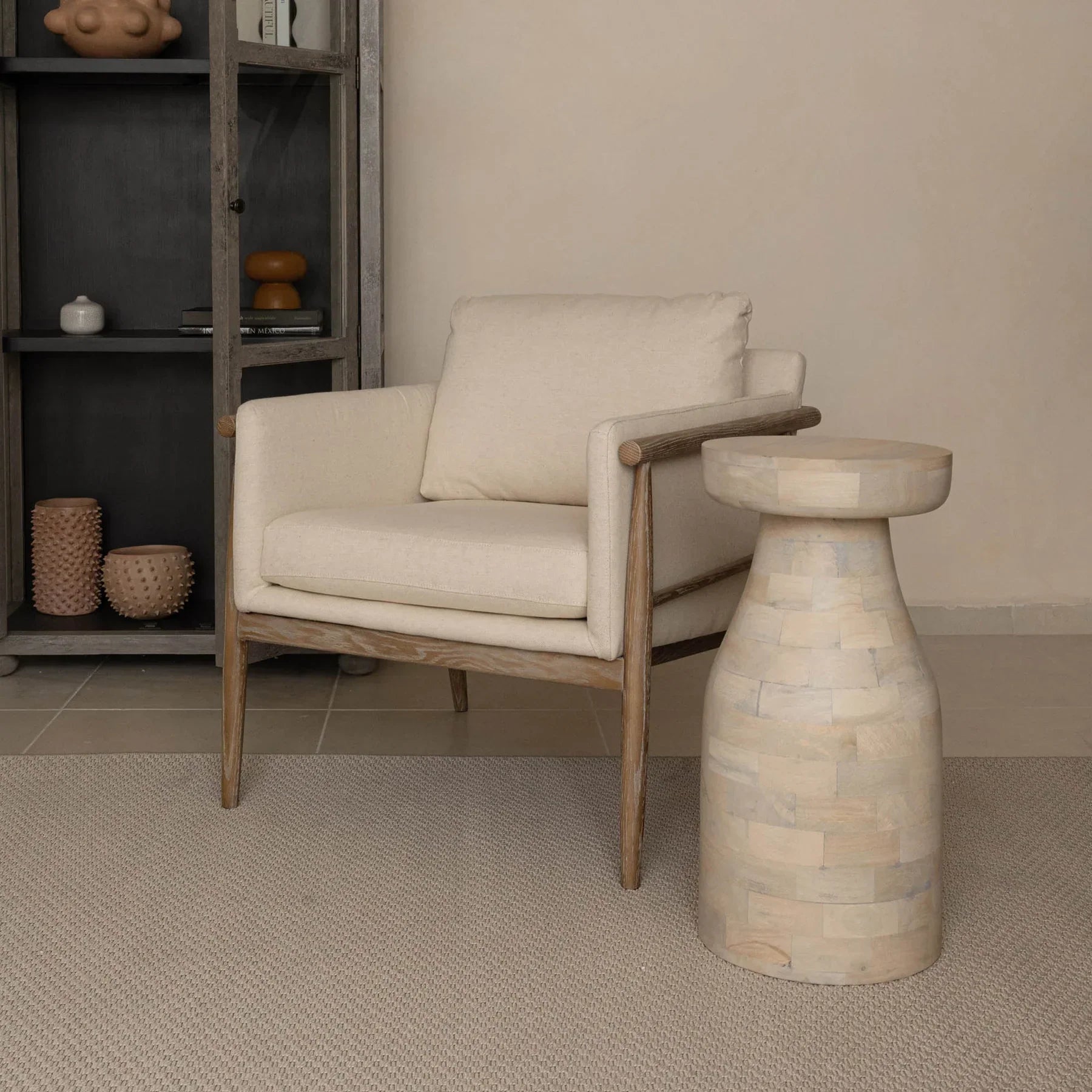 Bronte club chair with light beige fabric upholstery and wood frame front view
