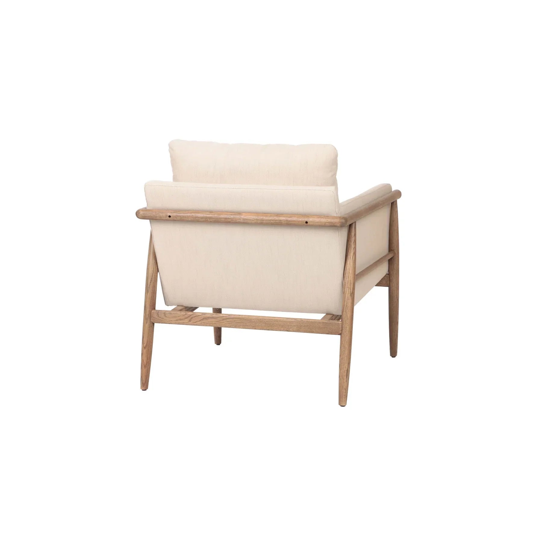 Bronte club chair with light beige fabric upholstery and wood frame front view
