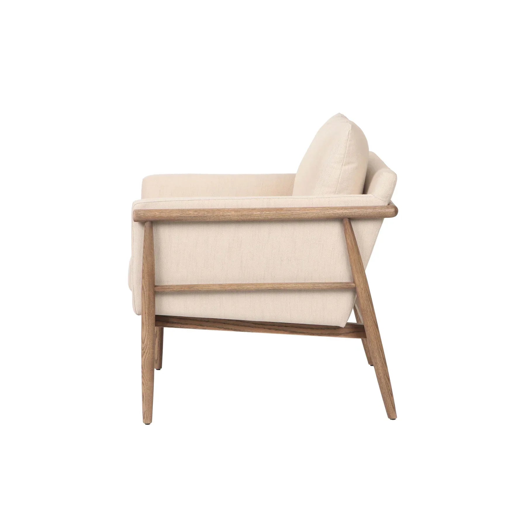 Bronte club chair with light beige fabric upholstery and wood frame front view