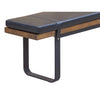 Close-up shot focusing on the durable black metal sled leg and its attachment to the wood bench frame