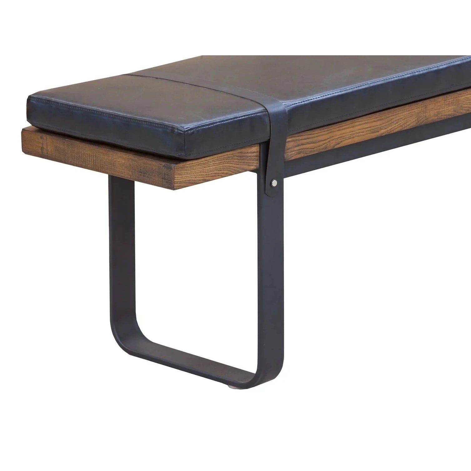 Front view of the Brooklyn upholstered bench featuring a dark leather-style seat, natural wood frame, and black metal sled legs