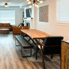 Lifestyle shot of the Brooklyn bench paired with a live-edge wood dining table in a contemporary home
