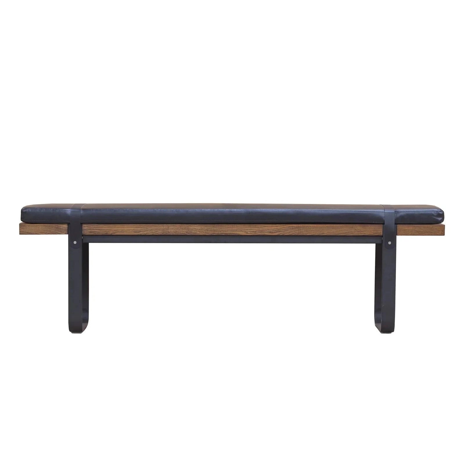 Front view of the Brooklyn upholstered bench featuring a dark leather-style seat, natural wood frame, and black metal sled legs