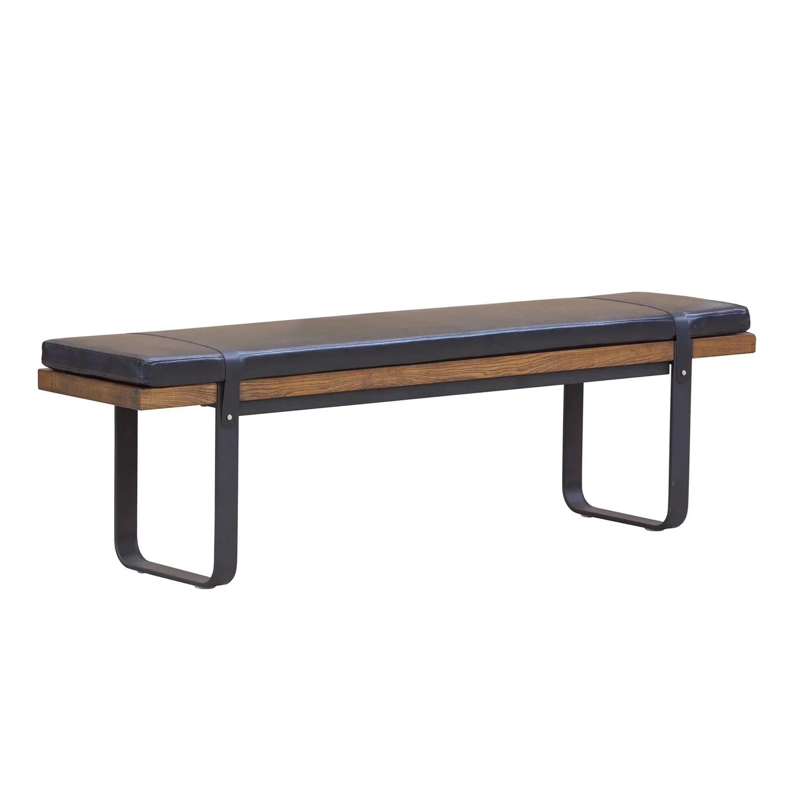 Front view of the Brooklyn upholstered bench featuring a dark leather-style seat, natural wood frame, and black metal sled legs