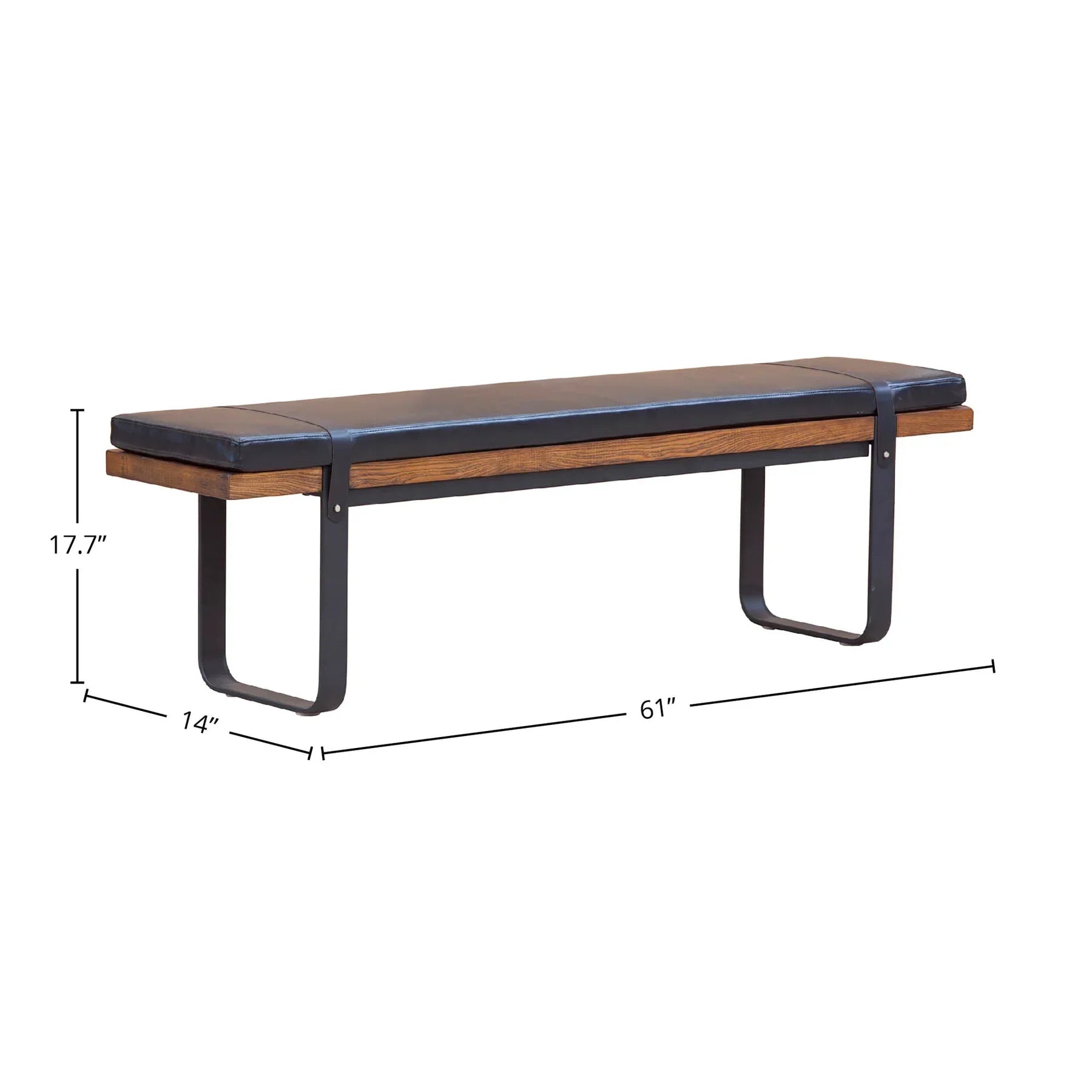 Front view of the Brooklyn upholstered bench featuring a dark leather-style seat, natural wood frame, and black metal sled legs