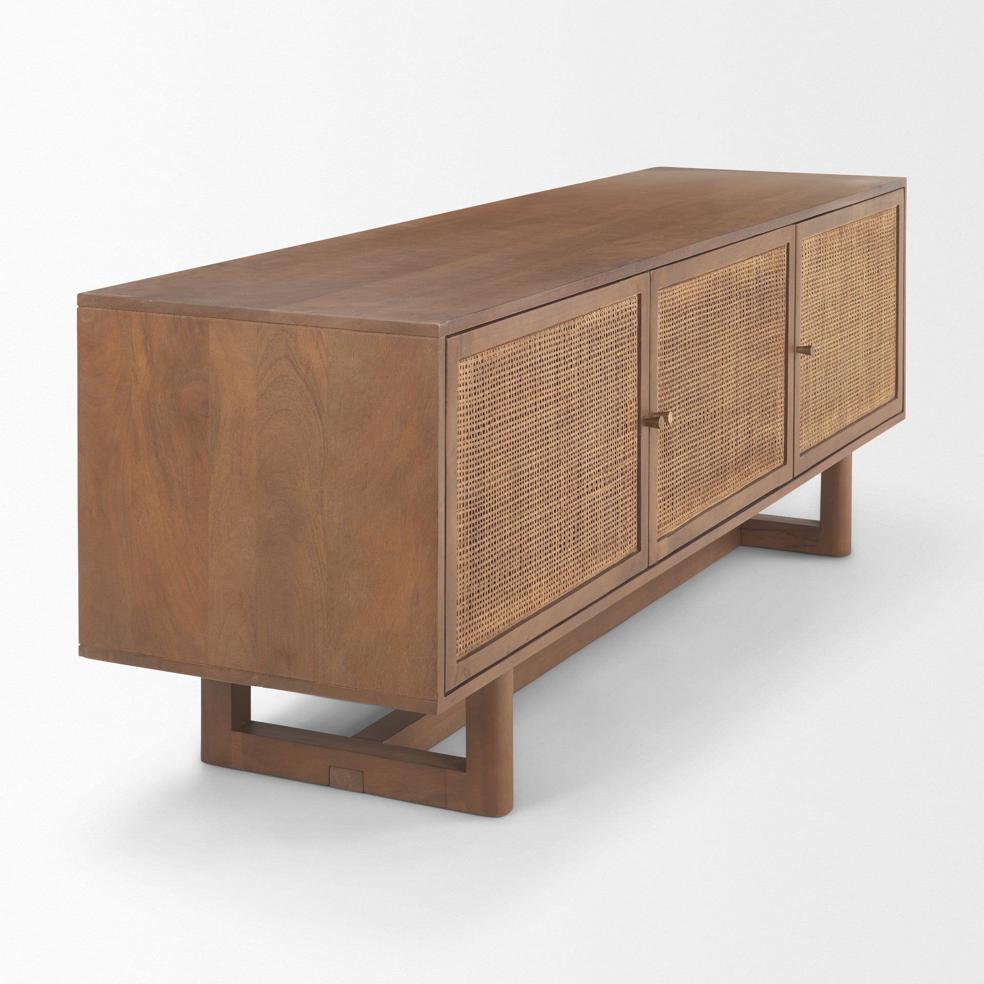 Perspective view of the brown wood media unit emphasizing the contrast between the solid wood frame and woven door panels