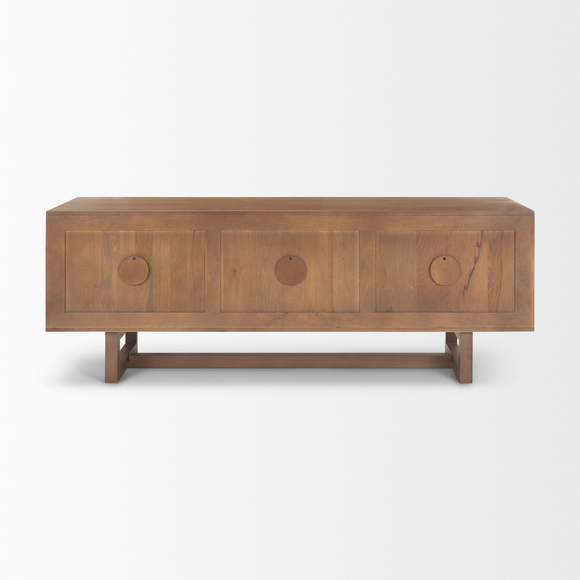 Rear view of the brown media unit showcasing the matching wood back panel and dual cable management cutouts