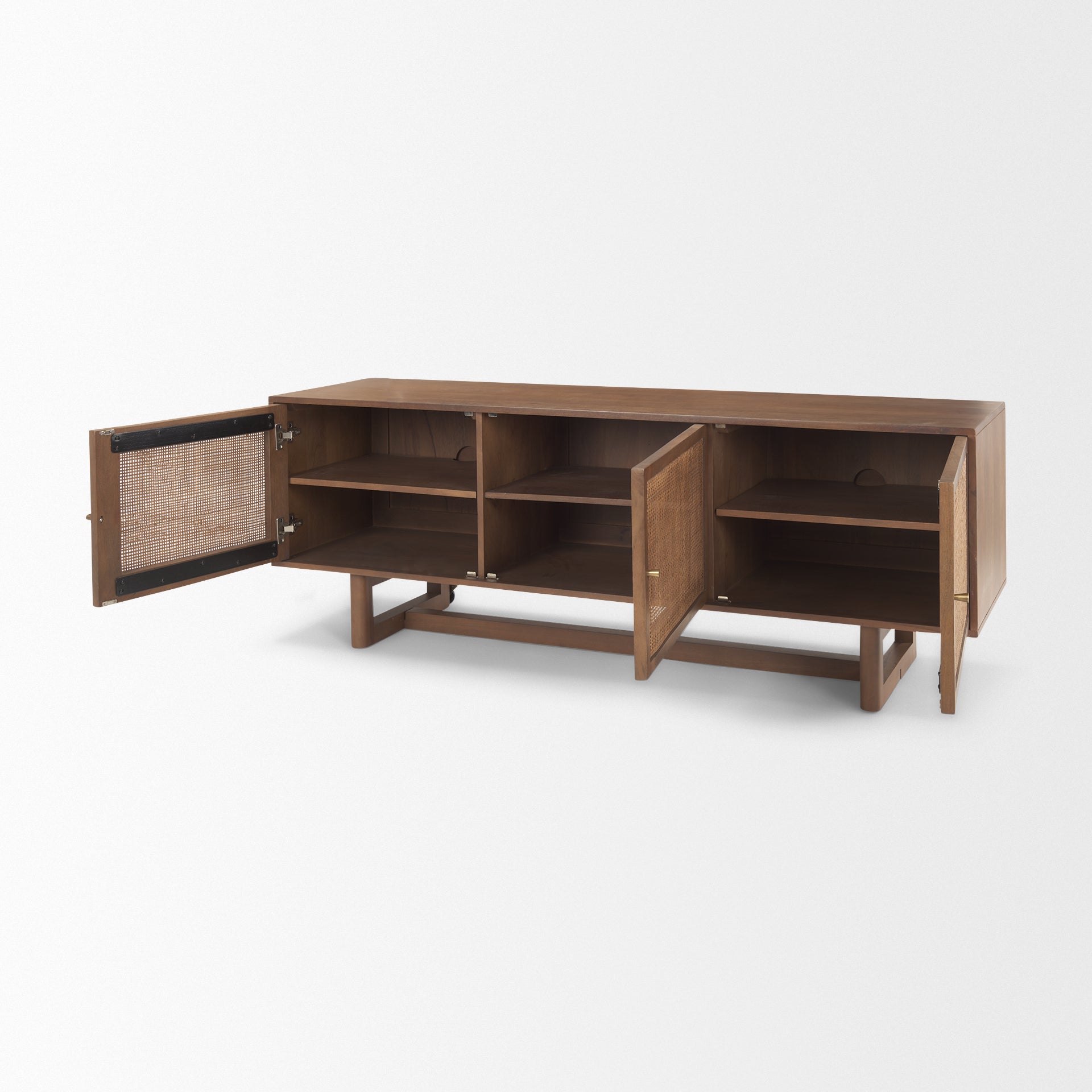 Perspective view of the brown version with doors open highlighting the generous internal storage for media components