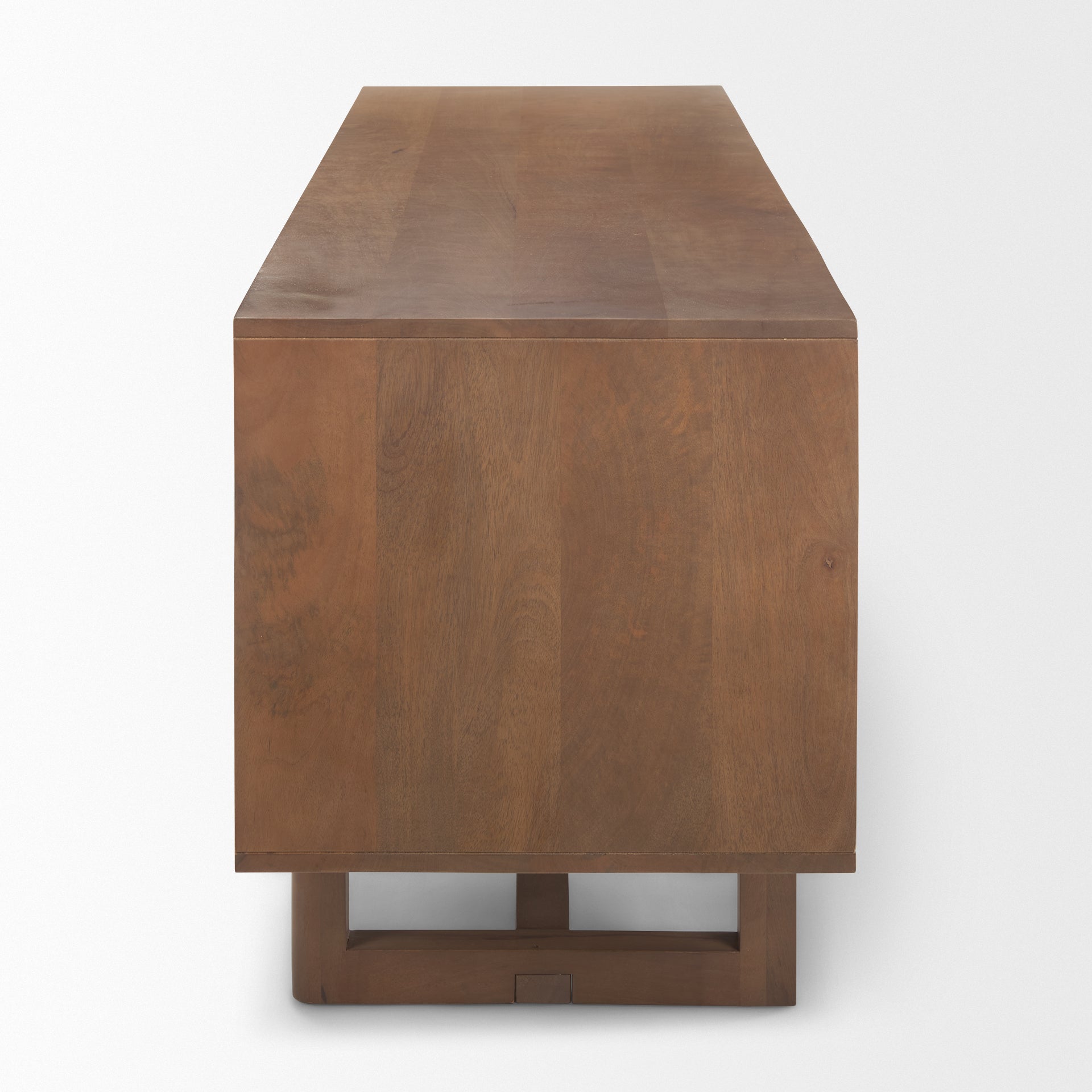 Side profile view of the brown wood version highlighting the clean vertical lines and sturdy architectural base