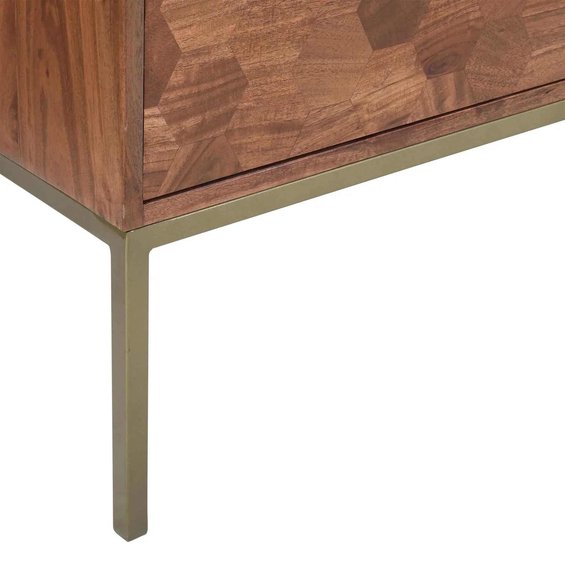 Straight-on front view showcasing the seamless symmetrical hexagonal wood patterns across the three storage doors