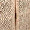 Macro shot focusing on the slim brushed gold metal handle integrated into the vertical wood frame of the rattan door