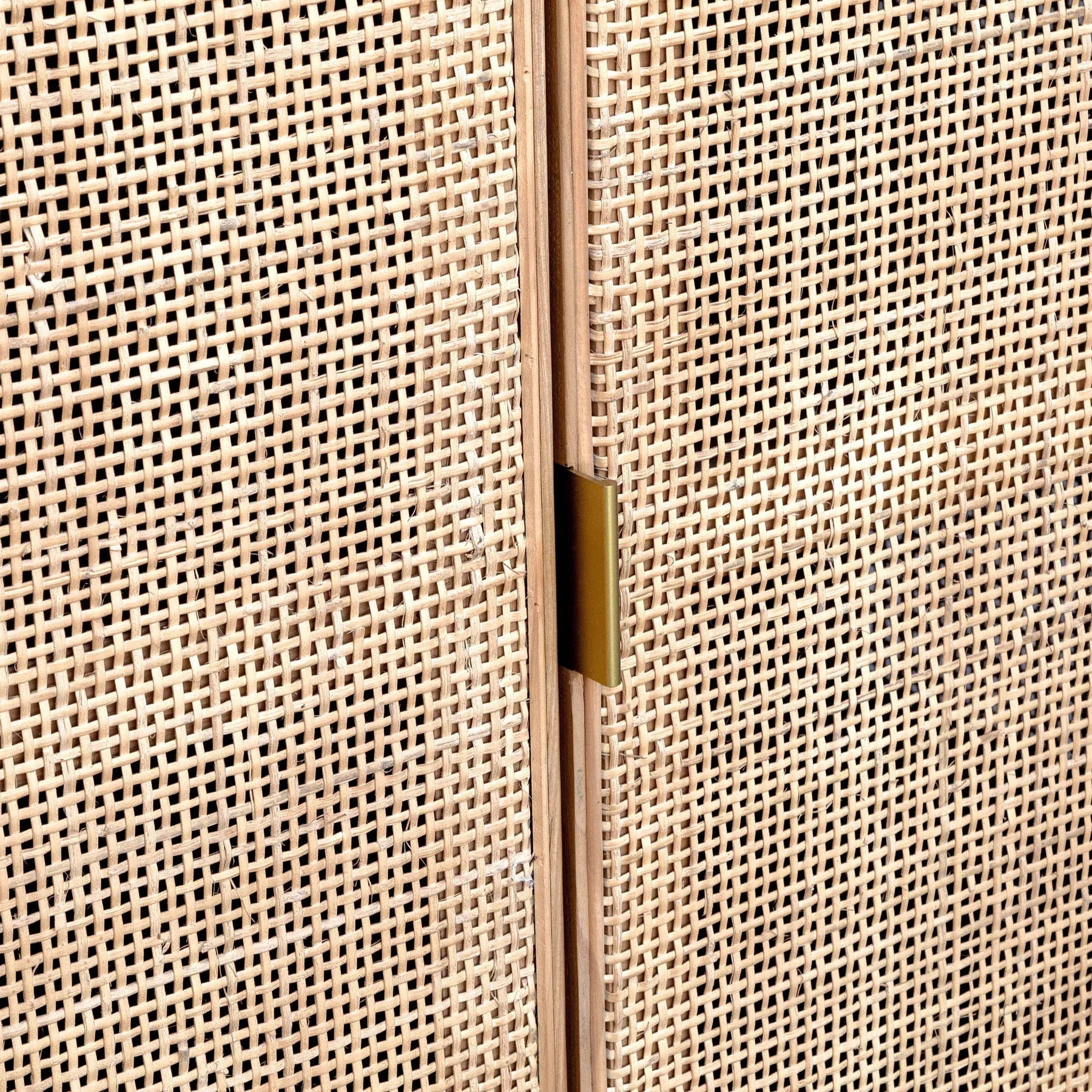 Straight-on front view highlighting the symmetrical three-door layout and the organic texture of the light-toned rattan panels