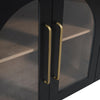 Macro shot highlighting the elegant brushed gold metal handles against the dark ebony oak arched glass doors