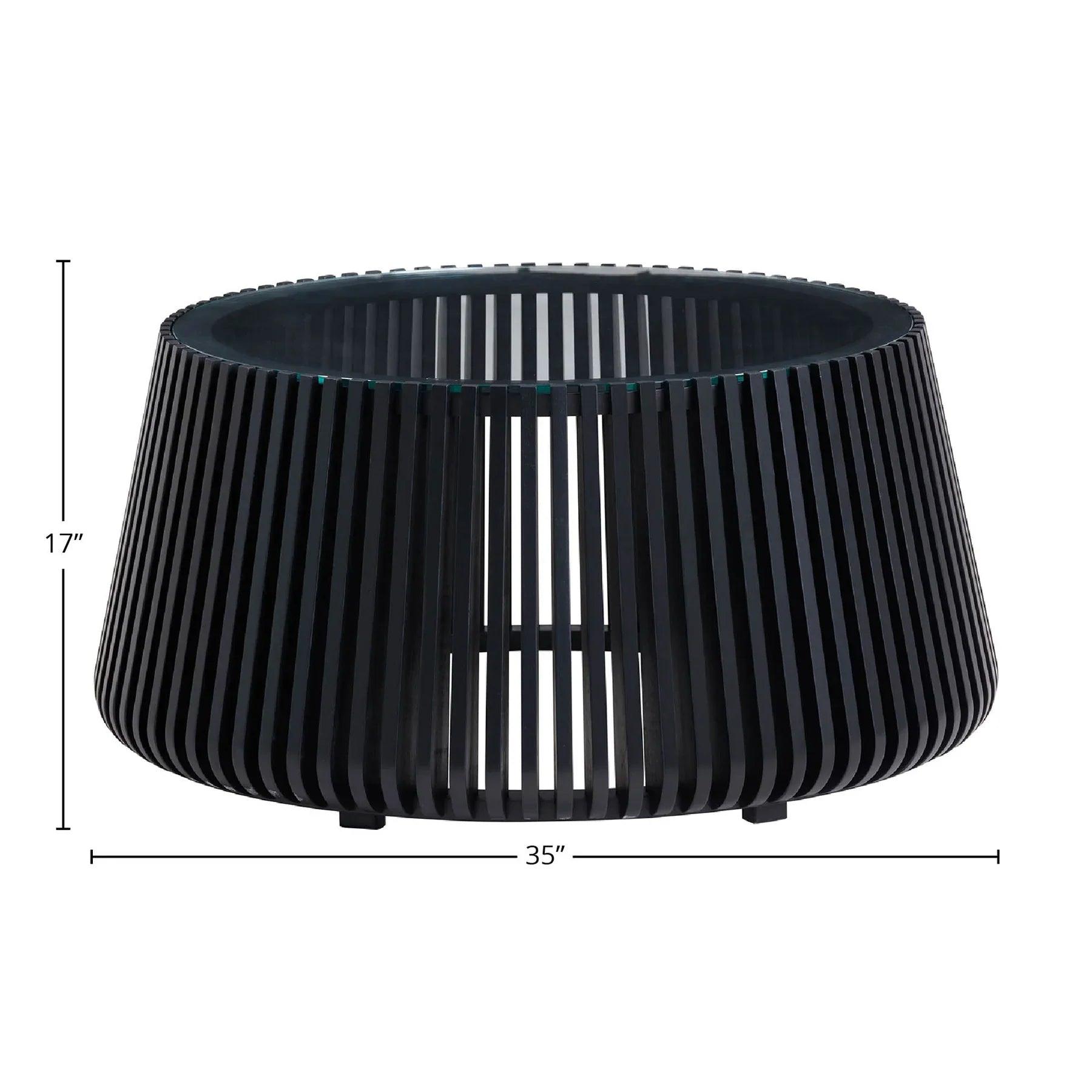 Front view of the Bungalow coffee table featuring a tapered cylindrical base made of black vertical wood slats and a clear glass inset top