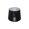 Front view of the Bungalow side table featuring a tapered cylindrical base made of black vertical wood slats and a clear glass inset top