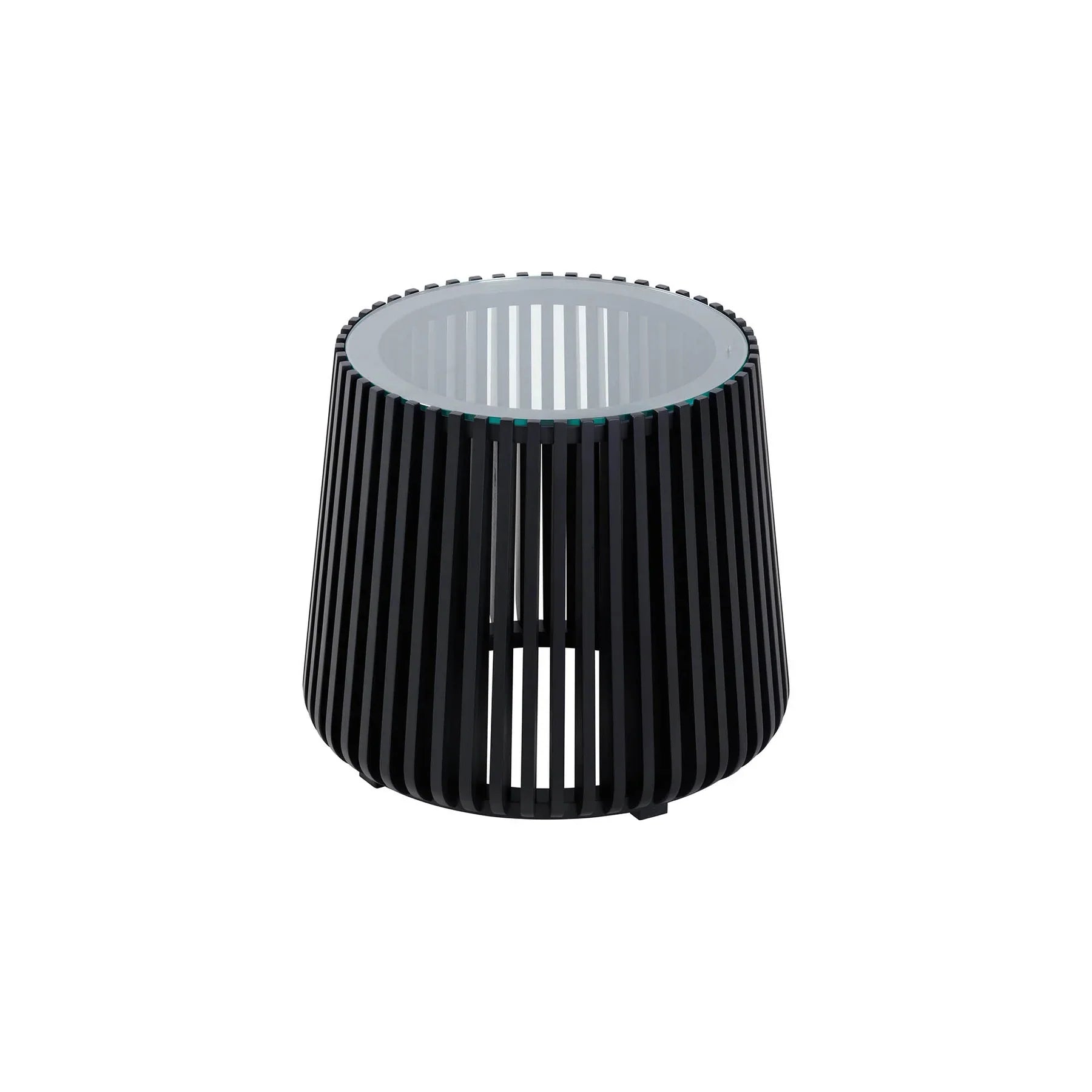 Front view of the Bungalow side table featuring a tapered cylindrical base made of black vertical wood slats and a clear glass inset top