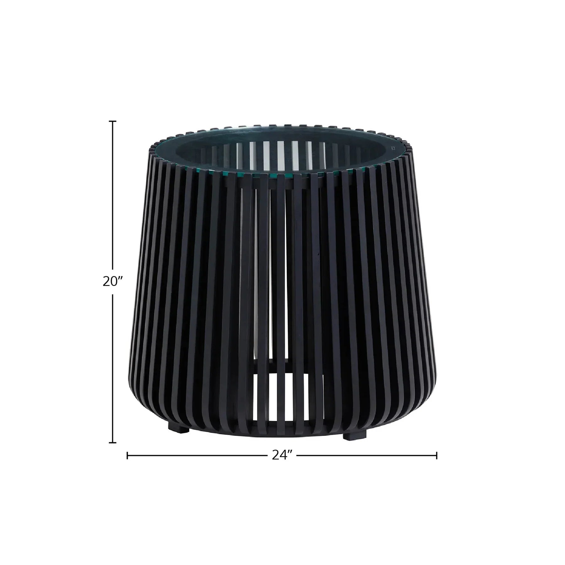 Front view of the Bungalow side table featuring a tapered cylindrical base made of black vertical wood slats and a clear glass inset top