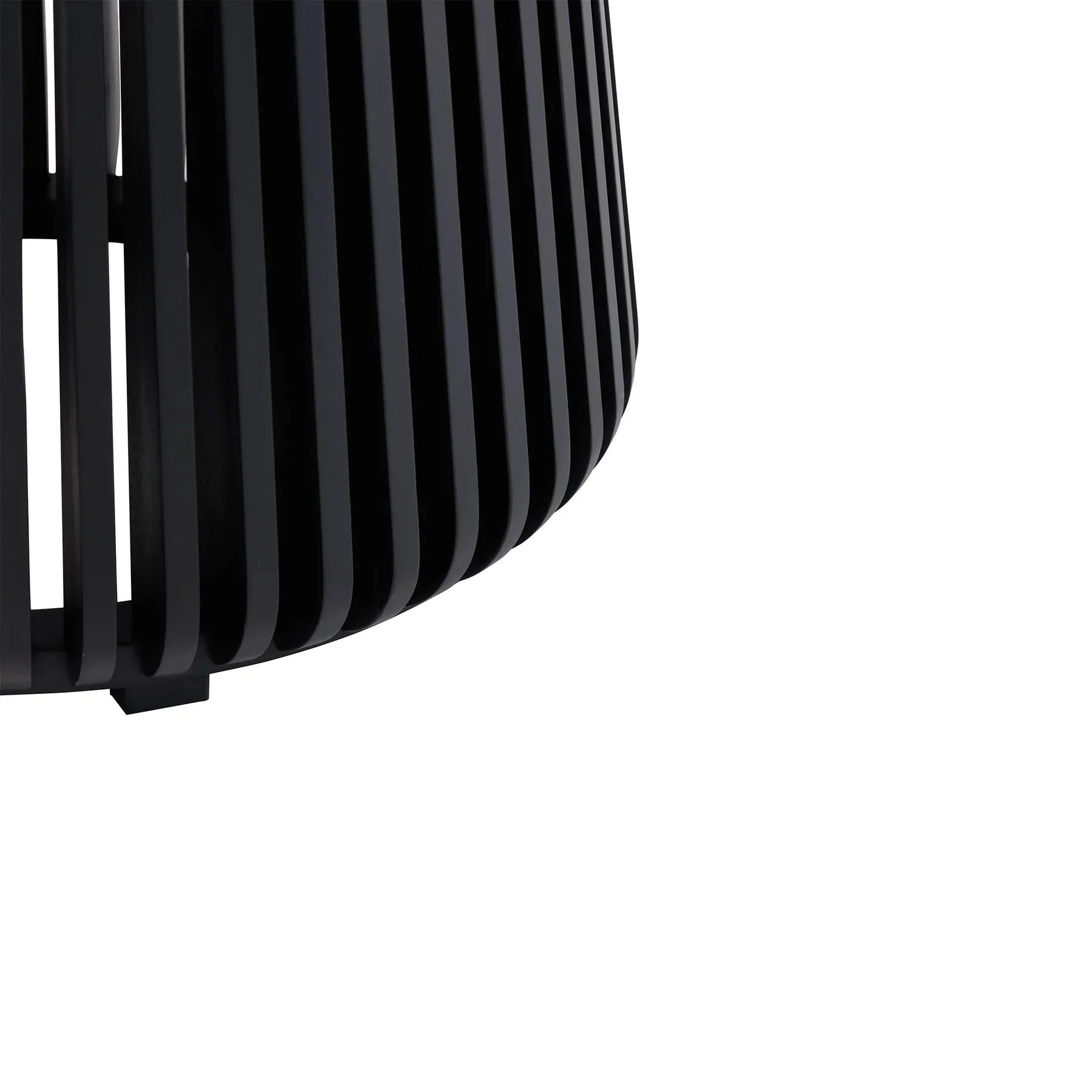 Front view of the Bungalow side table featuring a tapered cylindrical base made of black vertical wood slats and a clear glass inset top