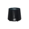 Perspective view showcasing the architectural vertical slat design and the sleek transparent glass surface of the end table