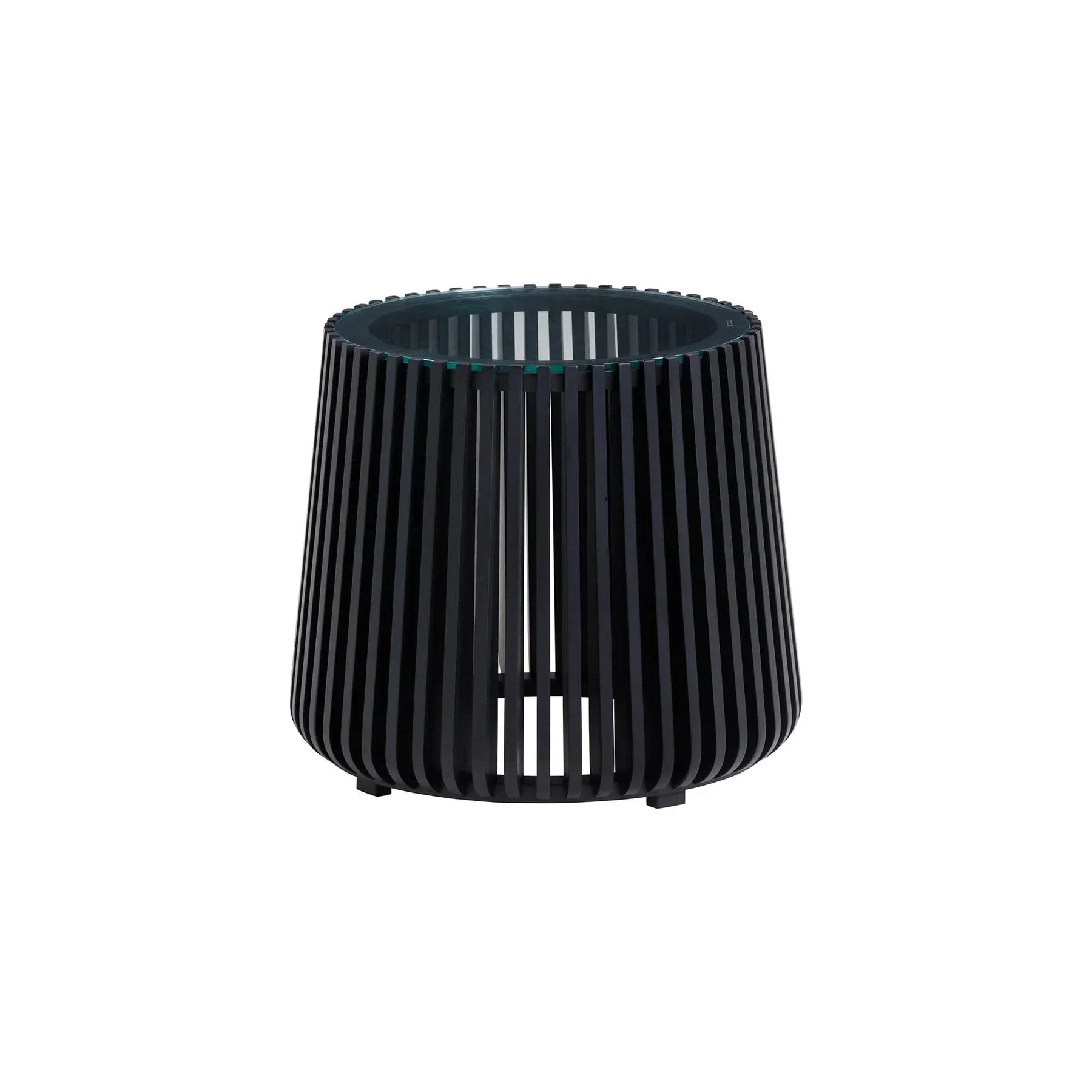 Front view of the Bungalow side table featuring a tapered cylindrical base made of black vertical wood slats and a clear glass inset top
