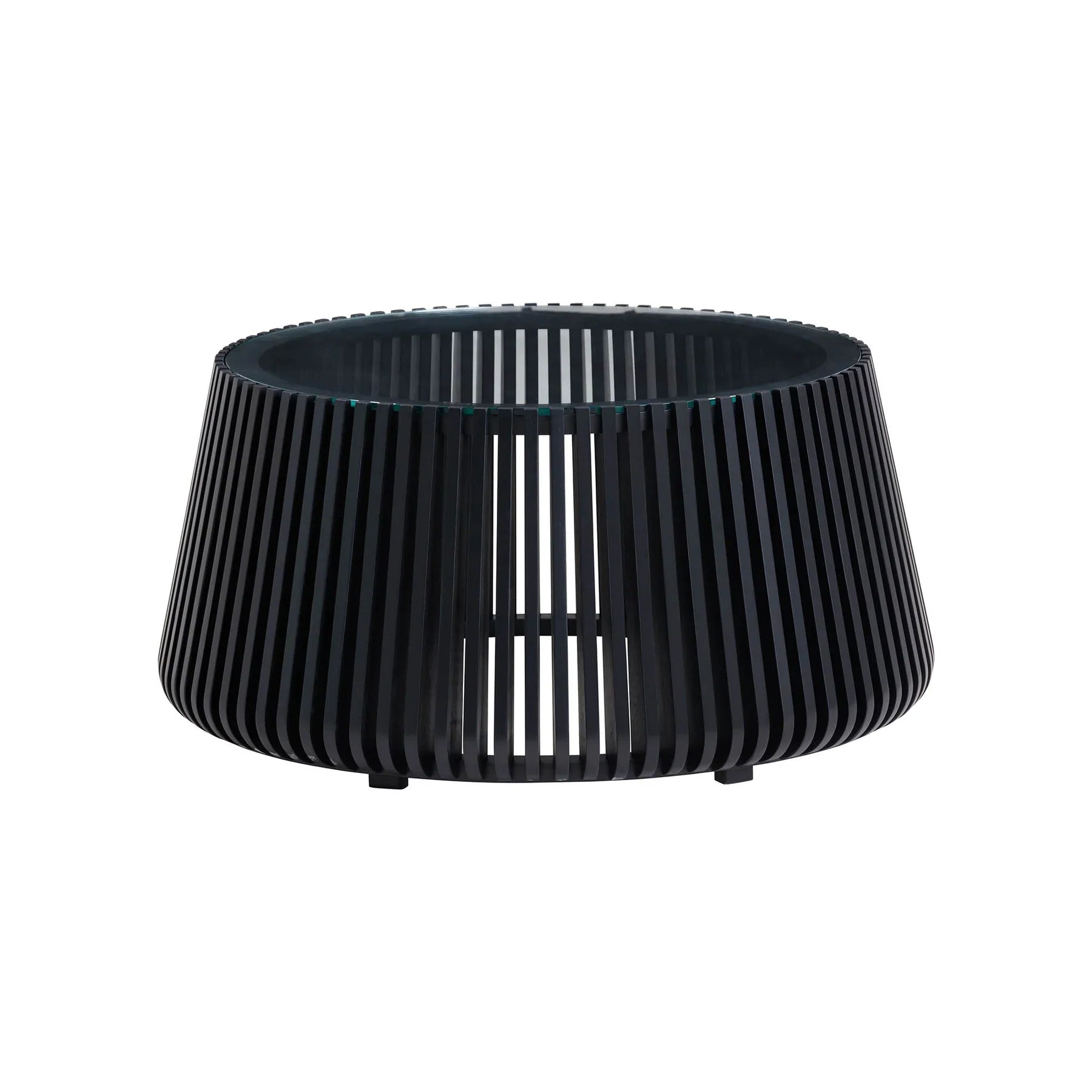 Front view of the Bungalow coffee table featuring a tapered cylindrical base made of black vertical wood slats and a clear glass inset top