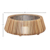 Product shot of the Bungalow coffee table with dimensional markers for height and circular diameter