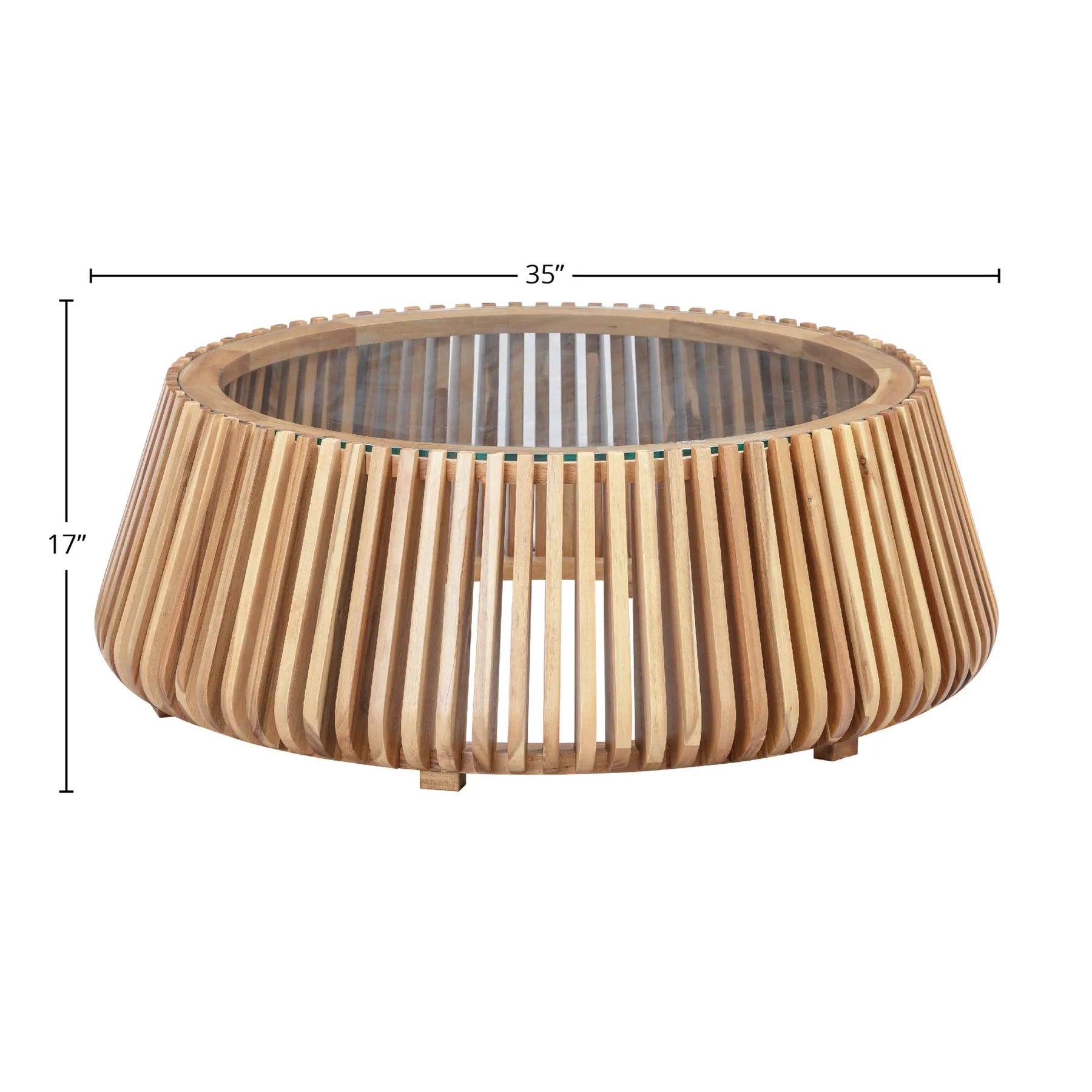 Product shot of the Bungalow coffee table with dimensional markers for height and circular diameter