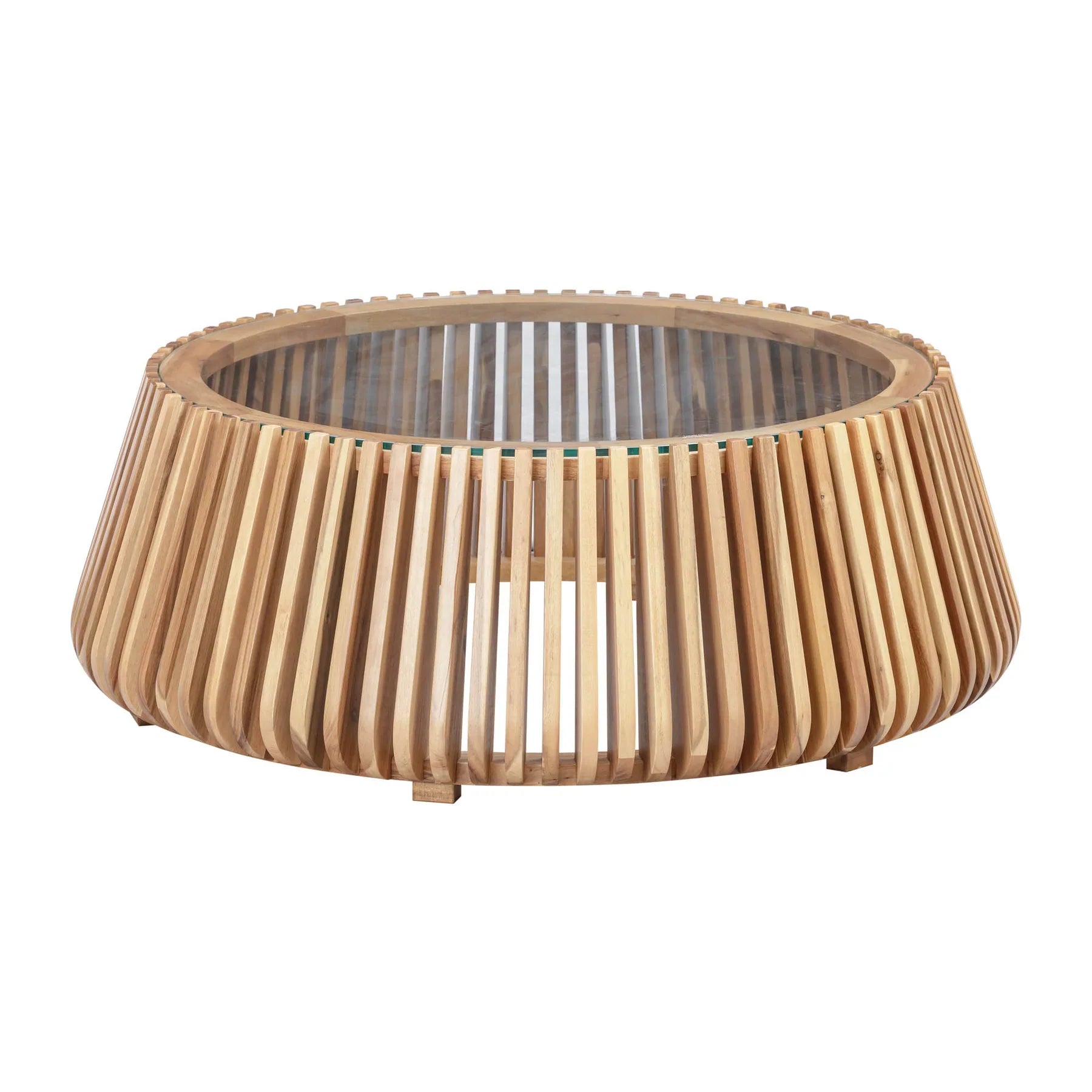 Front view of the Bungalow coffee table featuring a tapered cylindrical base made of natural vertical wood slats and a clear glass inset top