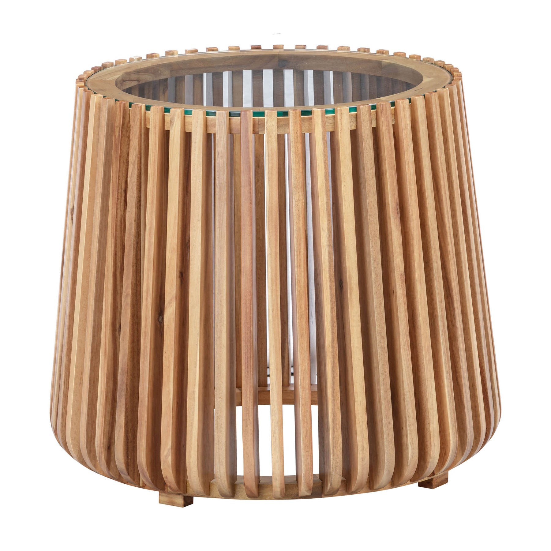 Three-quarter view of the Bungalow side table featuring a round tapered silhouette with vertical natural wood slats and a glass tabletop