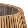 Detailed view focusing on the clear tempered glass top resting within the notched natural wood frame