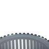 Close-up overhead shot highlighting the tempered glass top resting within the notched black wood slat frame