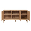 Front view with all three doors open to reveal a spacious interior with light wood adjustable storage shelves