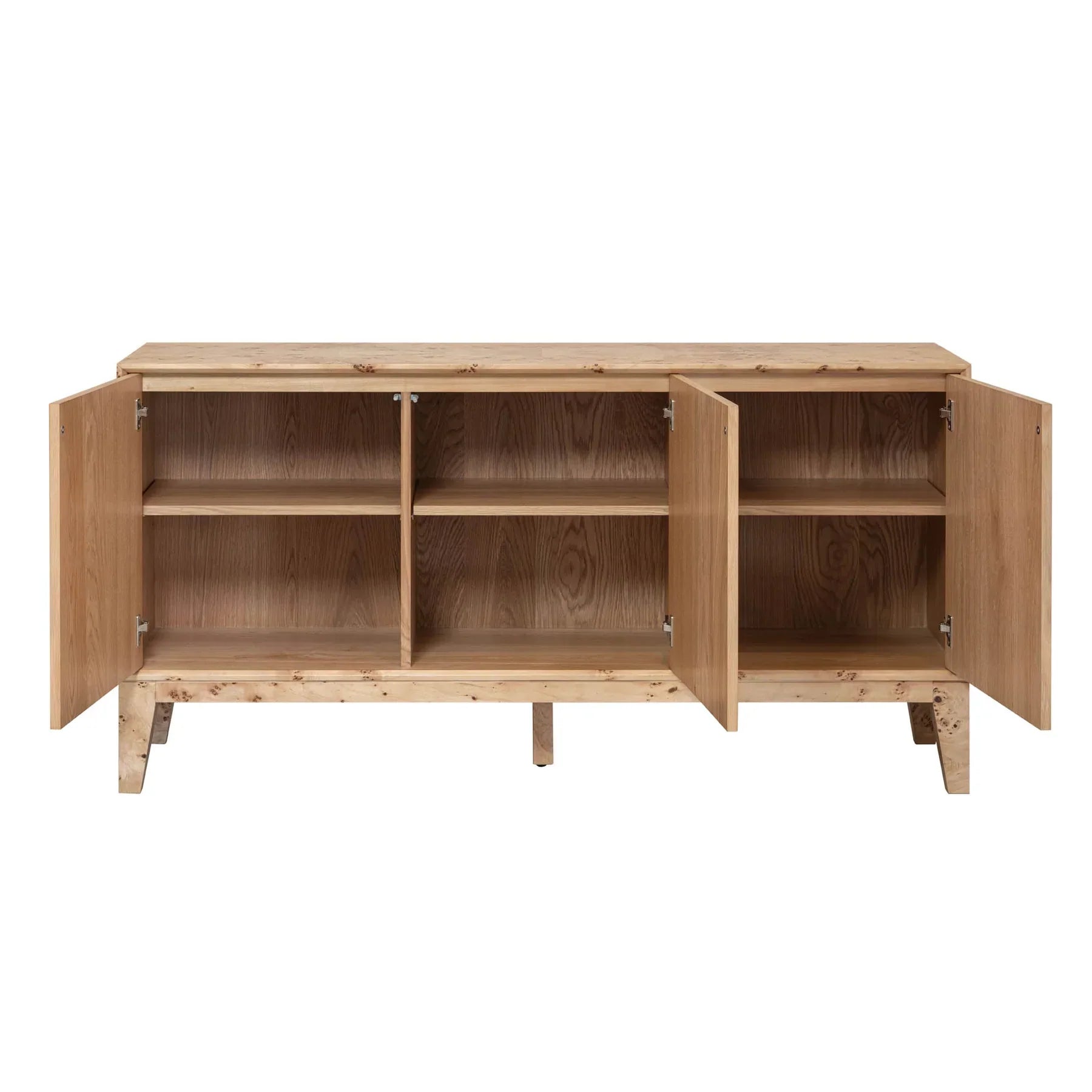 Front perspective view of the Mappa sideboard featuring a striking light burl wood veneer finish and three seamless storage doors