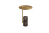 Front view of the Butler end table featuring a circular brushed brass tabletop and a dark marble cylindrical pedestal base