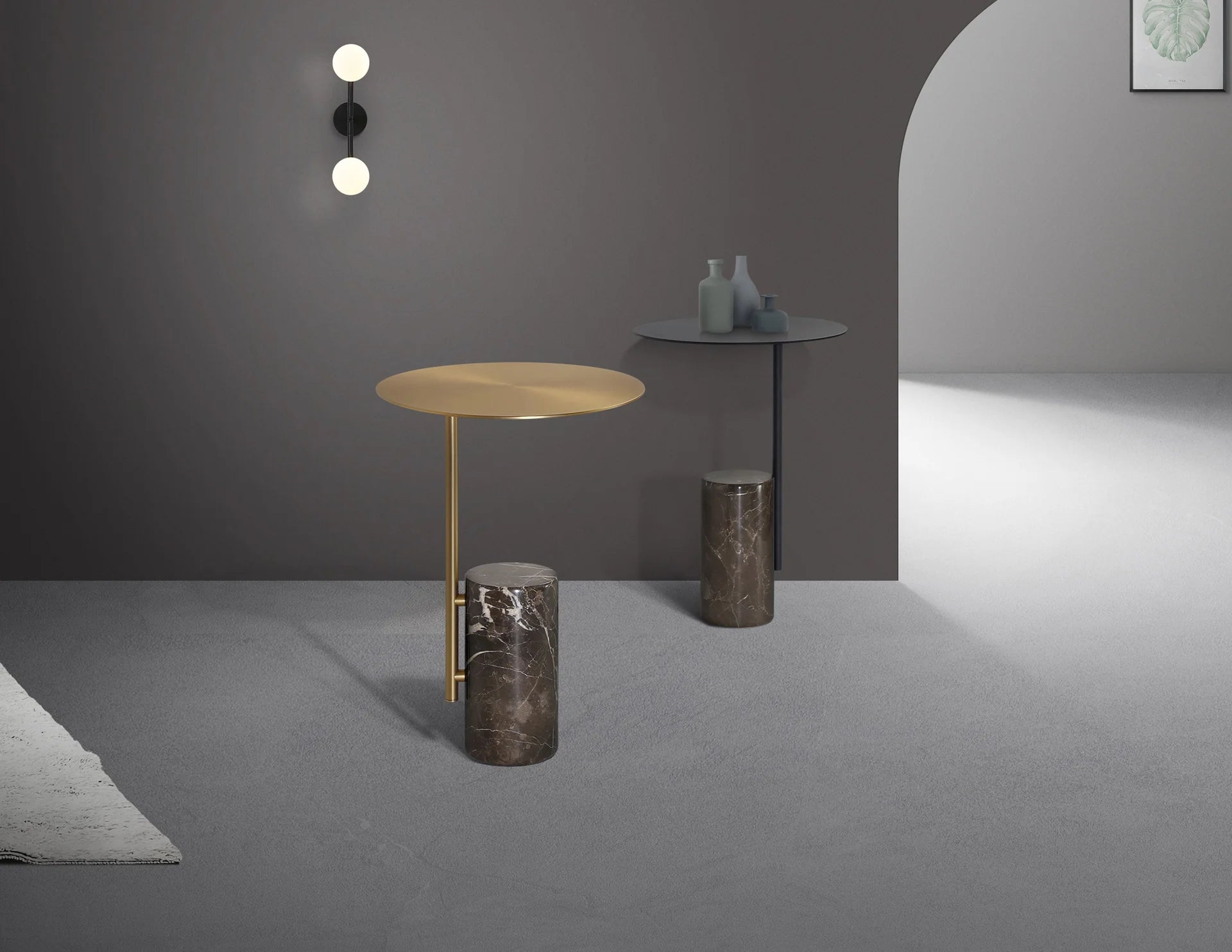 Front view of the Butler end table featuring a circular brushed brass tabletop and a dark marble cylindrical pedestal base