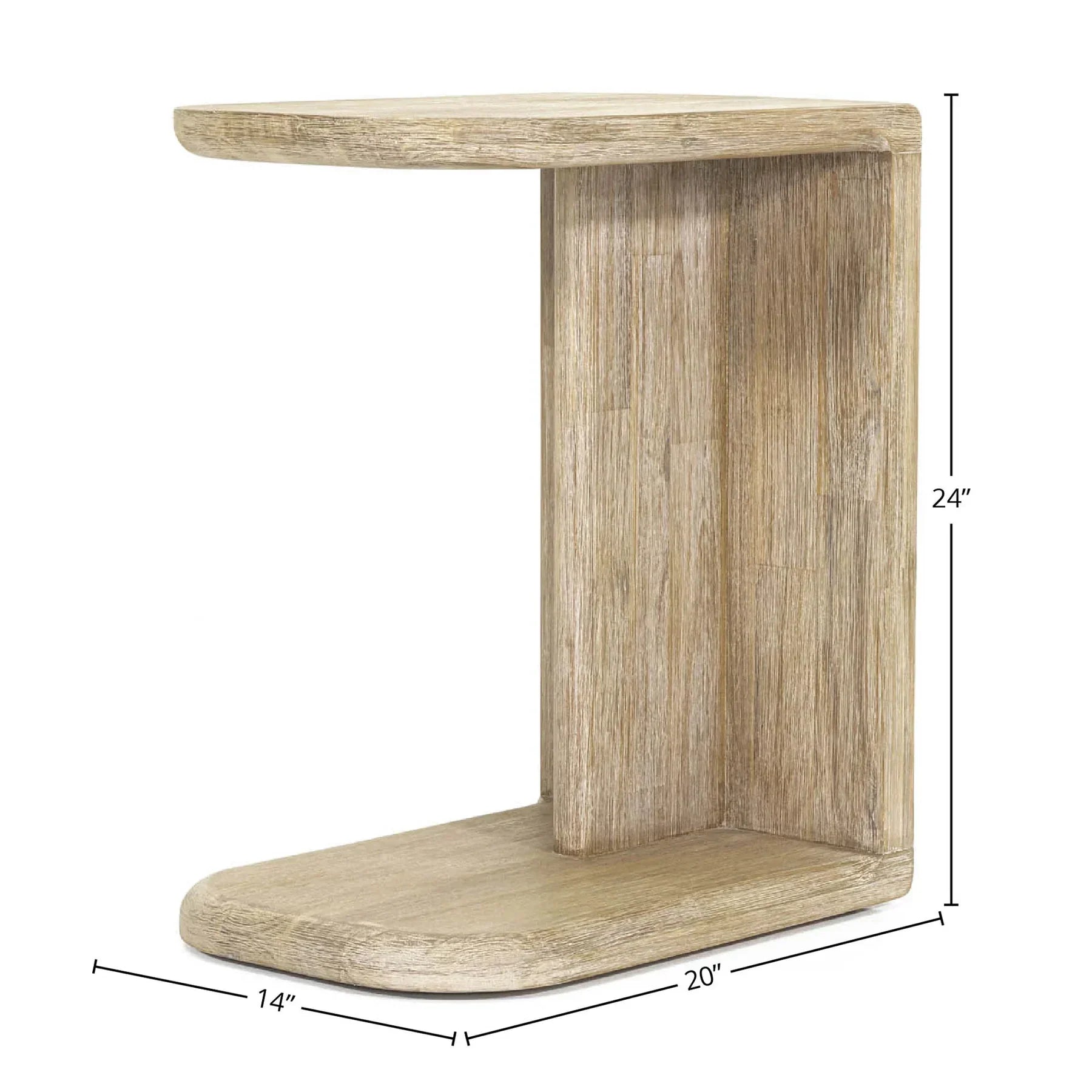 Three-quarter view of a C-shaped side table in light natural oak featuring a cantilevered top and weighted base