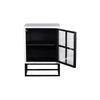 Front view with the glass door open revealing the dark interior storage shelf and functional hardware of the side table